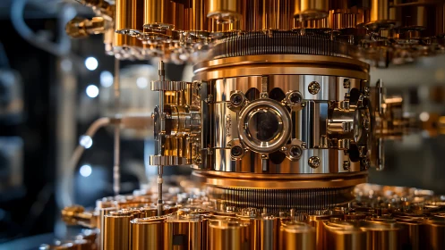 Quantum processor core framed by intricate copper arrays.