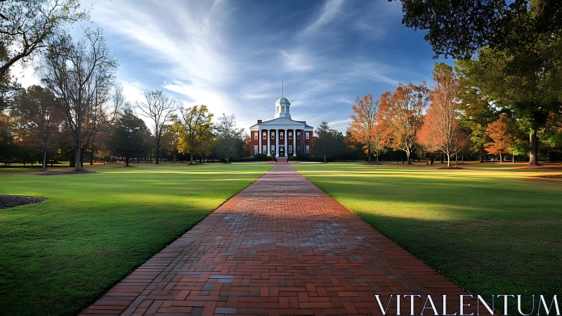 Red-brick campus hall framed by autumn trees at sunrise.