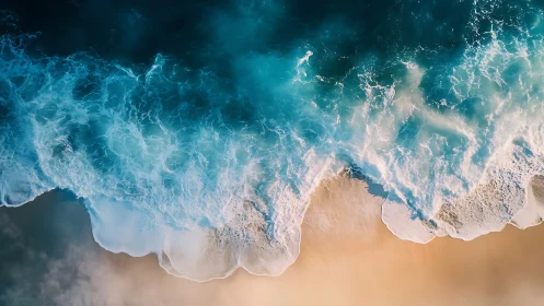 Aerial view of ocean surf meeting smooth sandy shoreline.