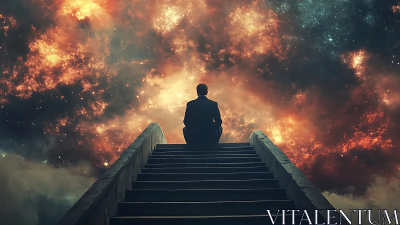 Silhouetted figure contemplates cosmic staircase horizon.
