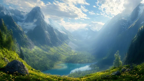 Sunlit valley lake cradles mountains in a painted hush