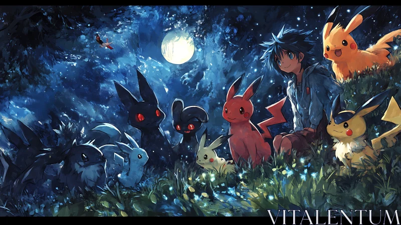 Moonlit anime forest assembles trainer with dual-toned creatures