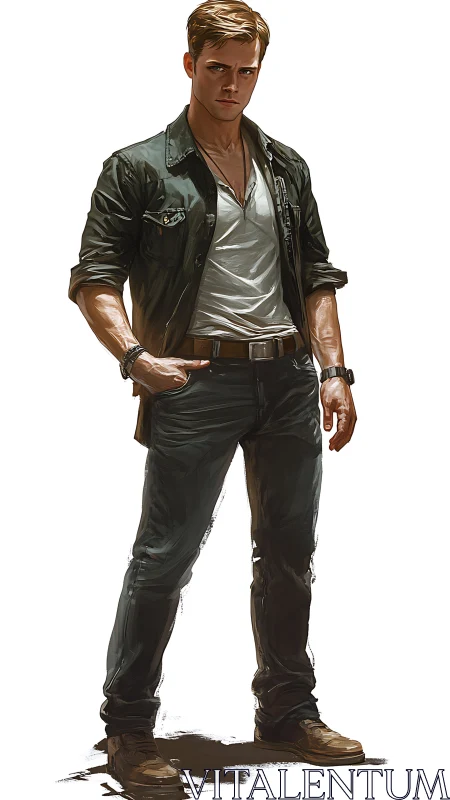 Digital painting of rugged man in casual adventure wear.