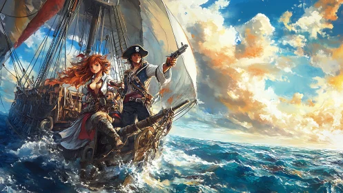 Pirate crew stands at ship bow under dynamic seascape sky