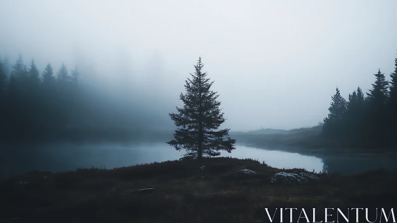 Solitary pine whispers over a mist-drowned mountain lake.