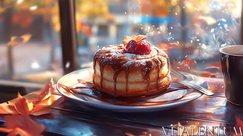 Plated cake with caramel glaze and berries, window cafe setting