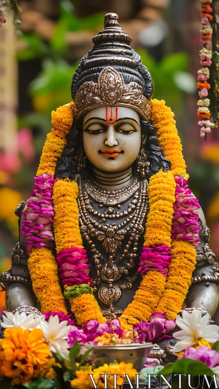 Hindu deity statue adorned with marigold and lotus garlands.