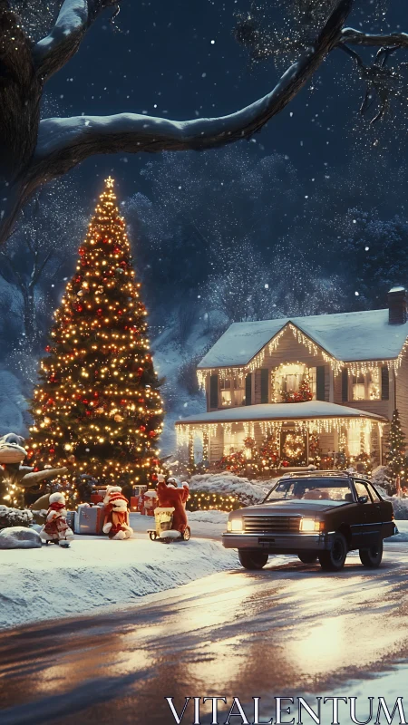 Snow-covered suburban house with lit tree and parked car.