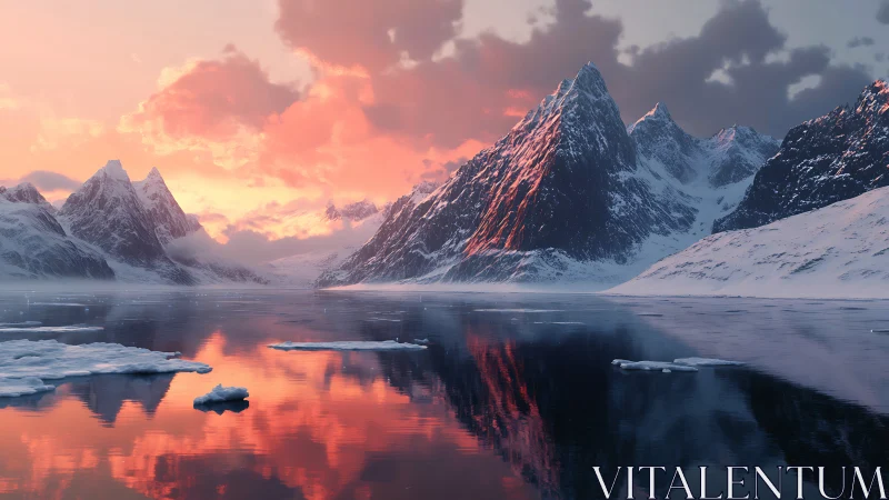Glacial peaks mirrored in crimson arctic sunset waters.