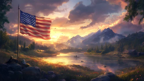 American flag dominates sunset mountain lake landscape