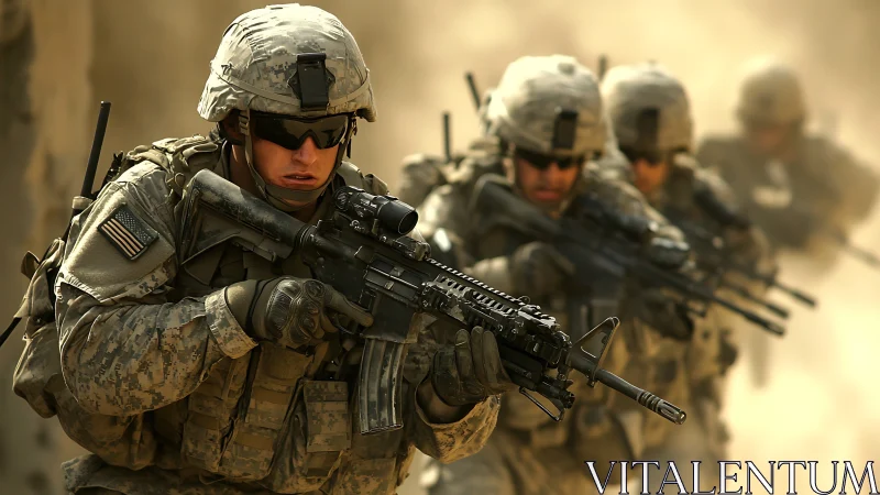 Modern infantry squad advances through desert combat zone.