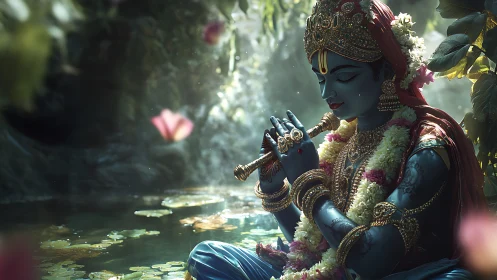 Blue skinned deity plays flute beside reflective lotus pond