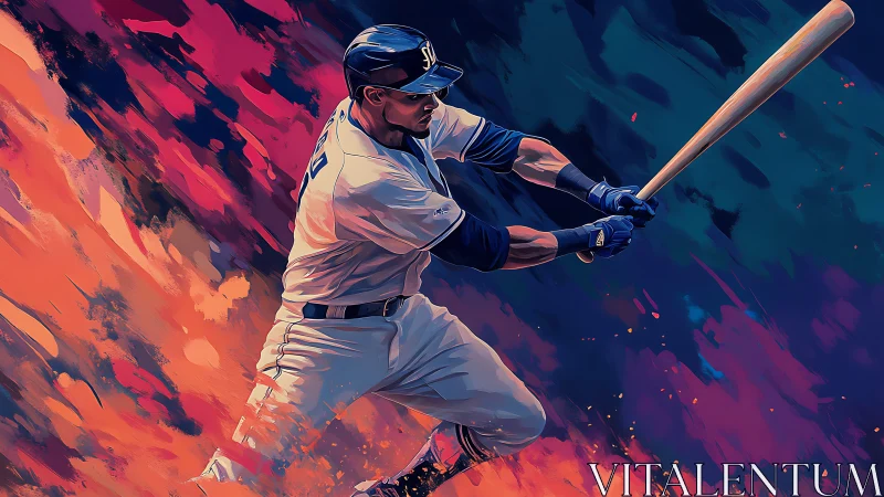 Baseball batter mid swing in stylized dynamic illustration.