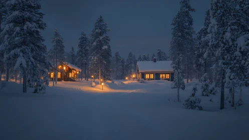 Snowy forest cabins glow warmly under a peaceful winter sky