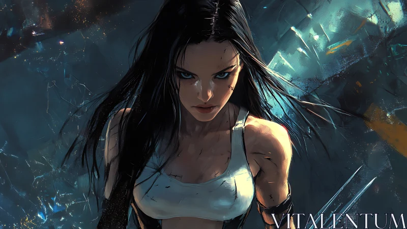 Steel-gazed warrior strides through shattering neon storm.