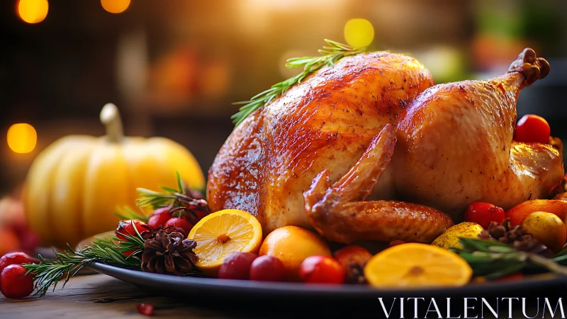 Roast turkey rests on platter with citrus garnish and herbs