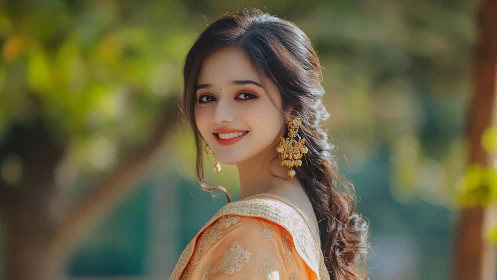 Warm smile in golden traditional dress on a sunlit day.