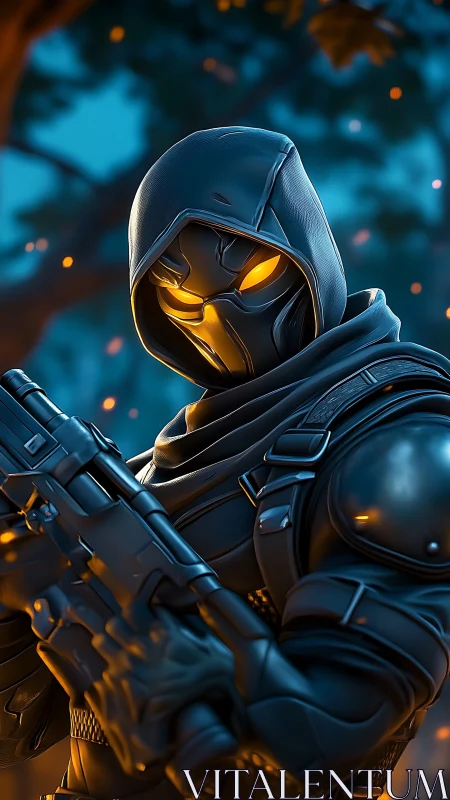 Armored hooded assassin grips rifle in ember-lit forest.