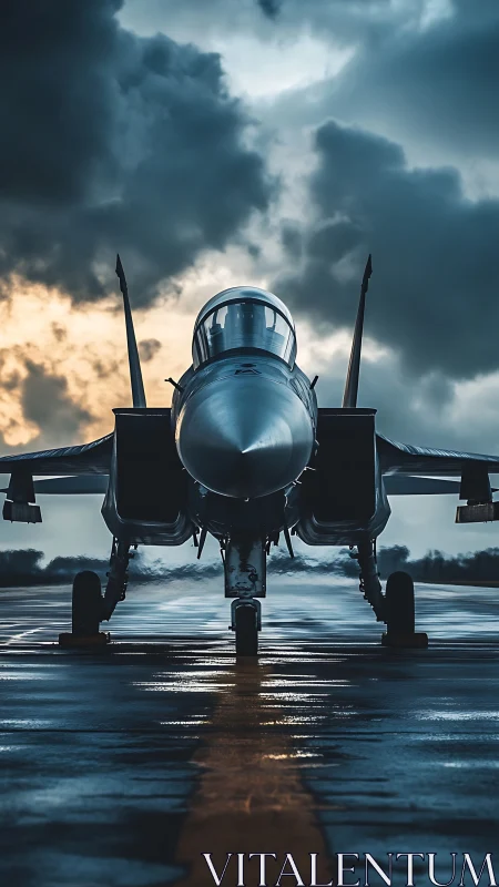 Sleek fighter jet waiting on a rain-wet runway at dusk.