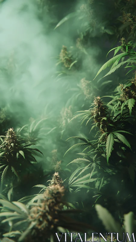 Cannabis buds glow inside dense green vapor haze field