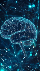 Digital wireframe brain with network connections visualization.