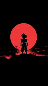 Lone anime warrior crowned by a colossal blood red moon.