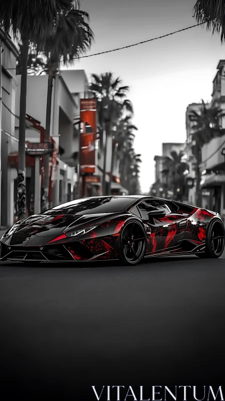 Black supercar with red wrap on monochrome city street.