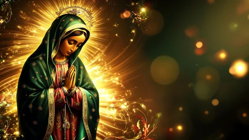 Radiant robed Madonna glows against swirling golden light