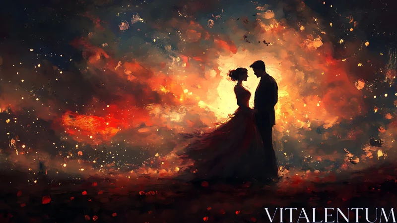 Silhouetted couple embracing within incandescent celestial maelstrom.