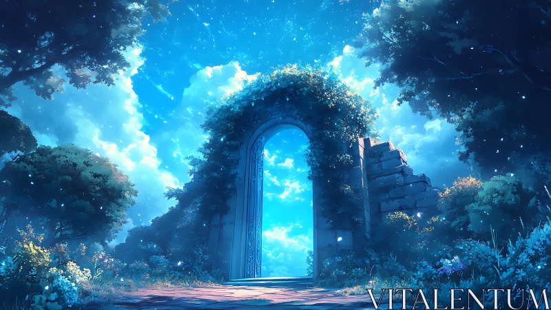 Ruined stone archway frames illuminated sky in dense forest