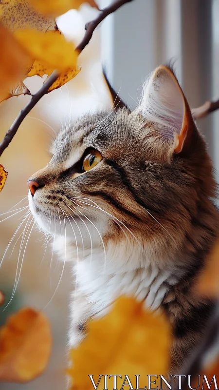 Contemplative Cat Gazes at Golden Autumn Leaves.