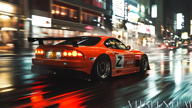 Orange modified coupe on wet city street at night in motion.