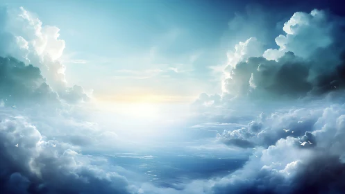 Luminous cloudscape over tranquil horizon sky ocean.