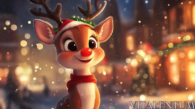 Red-nosed reindeer beaming under storybook winter lights.
