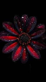 Dramatic Black-Red Flower with Dewdrops Against Dark Background.