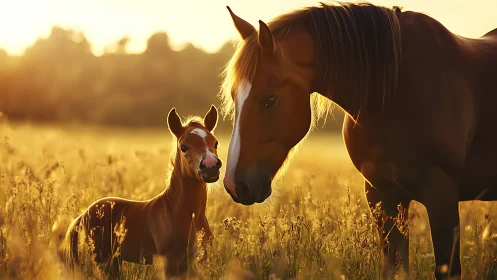 Horse and foal stand in sunlit meadow at golden hour