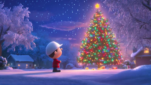 Child observing bright outdoor Christmas tree at night.