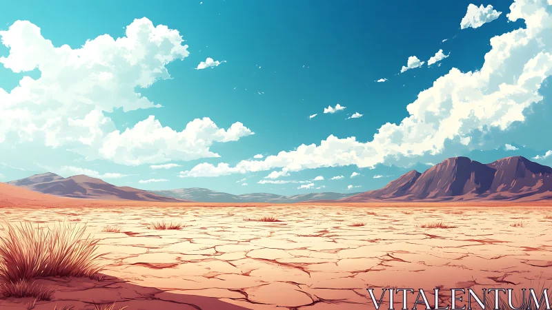 Sunlit cracked desert plain extends toward distant rocky mountains