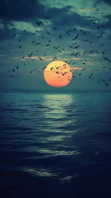 Cinematic ocean sunset silhouettes migratory birds in flight