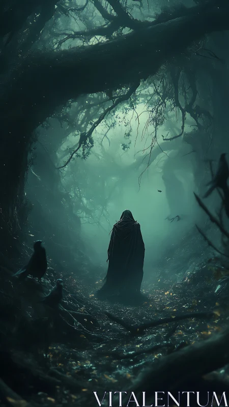 Cloaked wanderer moves through a haunted, mist-choked forest