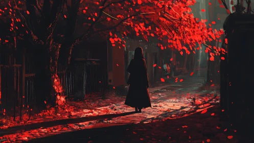 Backlit cloaked figure walks under saturated red foliage at dusk
