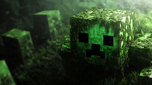 Moss-covered pixelated creature head in green terrain.