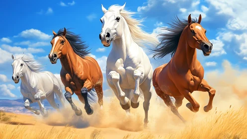 Galloping wild horses across sunlit prairie dust storm.