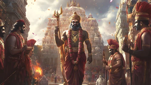 Temple colossus strides through garlanded firelit procession