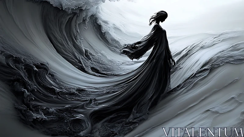 Shadowed figure walks through sculpted monochrome waves.