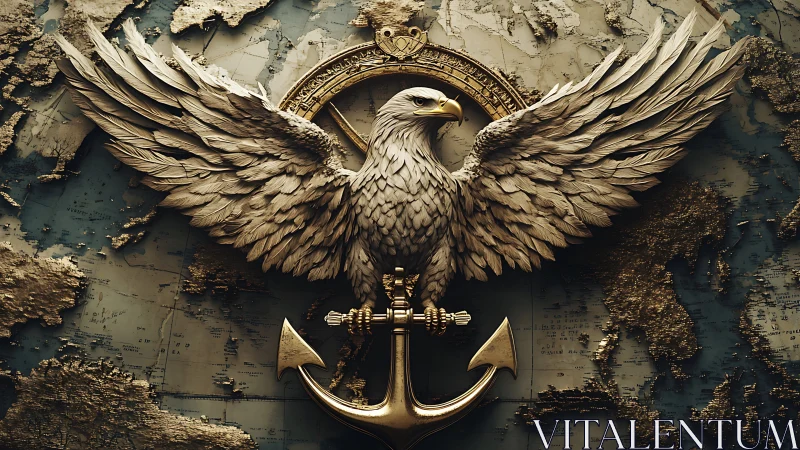 Ornate maritime eagle emblem over textured world map relief.