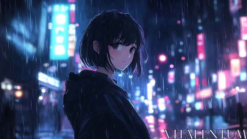 Girl with dark bob in rainy neon city street at night.