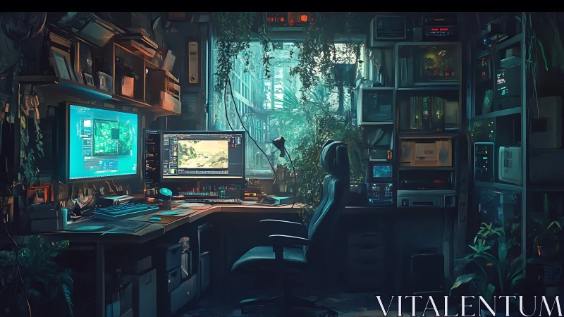 Cyber workstation merges lush greenery with neon interfaces.