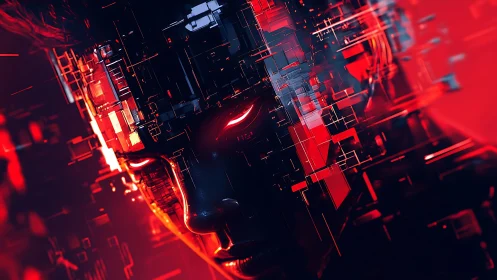 Cybernetic portrait merges human visage with red data shards