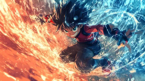 Dynamic anime hero bending twin torrents of fire and water.